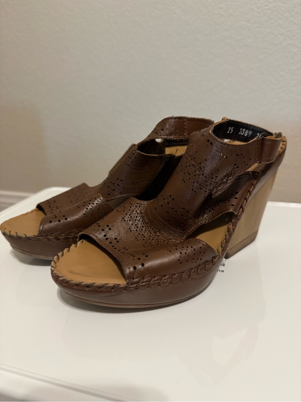 Women's Brown Leather Wedge Sandals with Perforated Detail